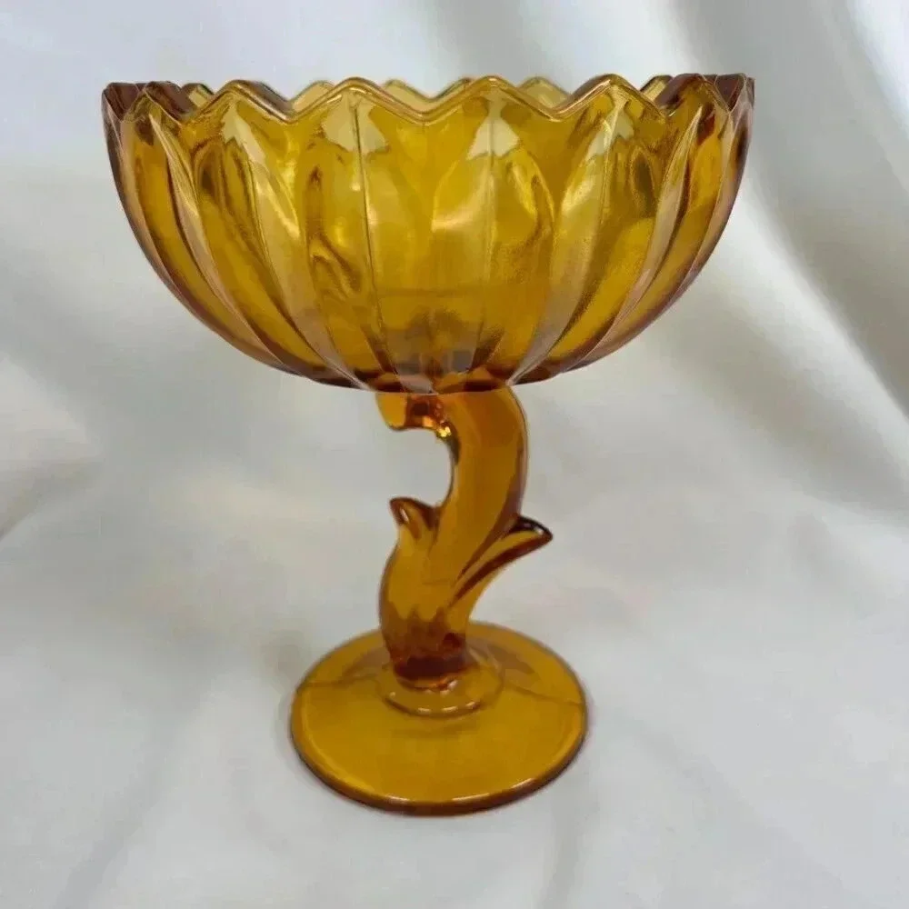 Vintage Amber Orange Indiana Glass Lotus Flower Compote Dish
